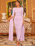 Pastel Lilac Long-Sleeve Midi Evening Dress