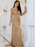 Long Sleeves  Fitted Waist Gold Sequin Trumpet Mermaid Prom Dress