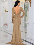 Long Sleeves  Fitted Waist Gold Sequin Trumpet Mermaid Prom Dress