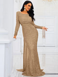 Long Sleeves  Fitted Waist Gold Sequin Trumpet Mermaid Prom Dress