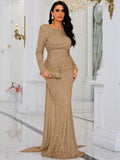 Long Sleeves  Fitted Waist Gold Sequin Trumpet Mermaid Prom Dress