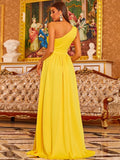 Floral Yellow One-Shoulder Evening Party Dress