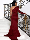 Unique Rose Flowing Burgundy One Shoulder Party Dress