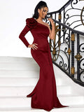 Unique Rose Flowing Burgundy One Shoulder Party Dress