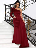 Unique Rose Flowing Burgundy One Shoulder Party Dress