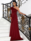 Unique Rose Flowing Burgundy One Shoulder Party Dress