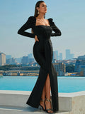 Green Dramatic Puff Sleeves Side Slit Formal Dress