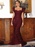 Burgundy Mermaid Square Sequin Party Formal Dress