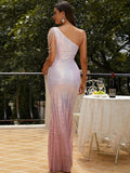 Dazzling Beaded One-Shoulder Gold Sequin Dress with Slit