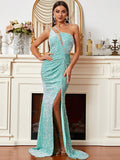 Asymmetrical Aqua Blue High Slit Sequin Formal Dress