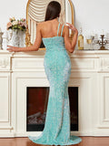 Asymmetrical Aqua Blue High Slit Sequin Formal Dress