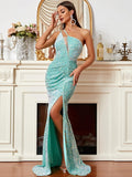 Asymmetrical Aqua Blue High Slit Sequin Formal Dress