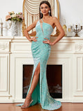 Asymmetrical Aqua Blue High Slit Sequin Formal Dress