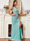 Asymmetrical Aqua Blue High Slit Sequin Formal Dress