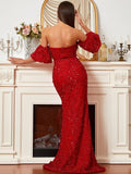 Dramatic Sleeves Side Slit Red Sequin Formal Dress