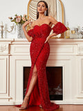 Dramatic Sleeves Side Slit Red Sequin Formal Dress