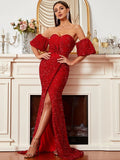 Dramatic Sleeves Side Slit Red Sequin Formal Dress