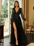 Black  Sequin Embellishments Satin Ribbon Party Dress