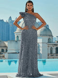 Asymmetrical Neckline Dazzling Sequin Party Dress