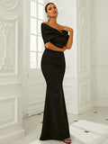 Off-Shoulder Black Floor-Length Party Dress with Bow