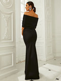 Off-Shoulder Black Floor-Length Party Dress with Bow