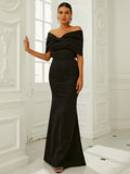 Off-Shoulder Black Floor-Length Party Dress with Bow