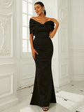 Off-Shoulder Black Floor-Length Party Dress with Bow