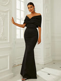 Off-Shoulder Black Floor-Length Party Dress with Bow