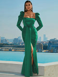 Green Dramatic Puff Sleeves Side Slit Formal Dress