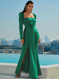 Green Dramatic Puff Sleeves Side Slit Formal Dress