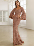 Bell Sleeves Burgundy Sequin Evening Prom Dress