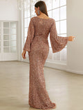 Bell Sleeves Burgundy Sequin Evening Prom Dress