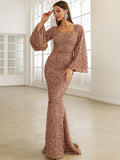 Bell Sleeves Burgundy Sequin Evening Prom Dress