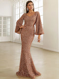 Bell Sleeves Burgundy Sequin Evening Prom Dress