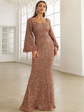 Bell Sleeves Burgundy Sequin Evening Prom Dress