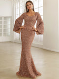 Bell Sleeves Burgundy Sequin Evening Prom Dress