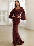 Bell Sleeves Burgundy Sequin Evening Prom Dress