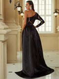 One-Shoulder Black Gold Sequin Belted Waist Party Dress