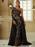 One-Shoulder Black Gold Sequin Belted Waist Party Dress