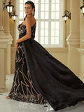 One-Shoulder Black Gold Sequin Belted Waist Party Dress