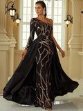 One-Shoulder Black Gold Sequin Belted Waist Party Dress