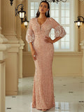 Rose Gold Sheer Sleeves V-Neckline Prom Dress