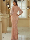 Rose Gold Sheer Sleeves V-Neckline Prom Dress