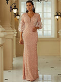 Rose Gold Sheer Sleeves V-Neckline Prom Dress