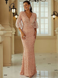 Rose Gold Sheer Sleeves V-Neckline Prom Dress