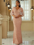 Rose Gold Sheer Sleeves V-Neckline Prom Dress