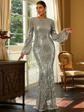 Sequin-Embellished Full-Length Long Sleeve Formal Dress