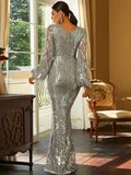 Sequin-Embellished Full-Length Long Sleeve Formal Dress