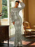 Sequin-Embellished Full-Length Long Sleeve Formal Dress