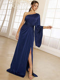 Asymmetrical One Long Sleeve Sleek Fit Navy Blue Formal Dress